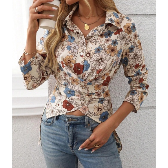 Boho Floral Print Button Tie Back Long sleeve Top - Picture 1 of 4